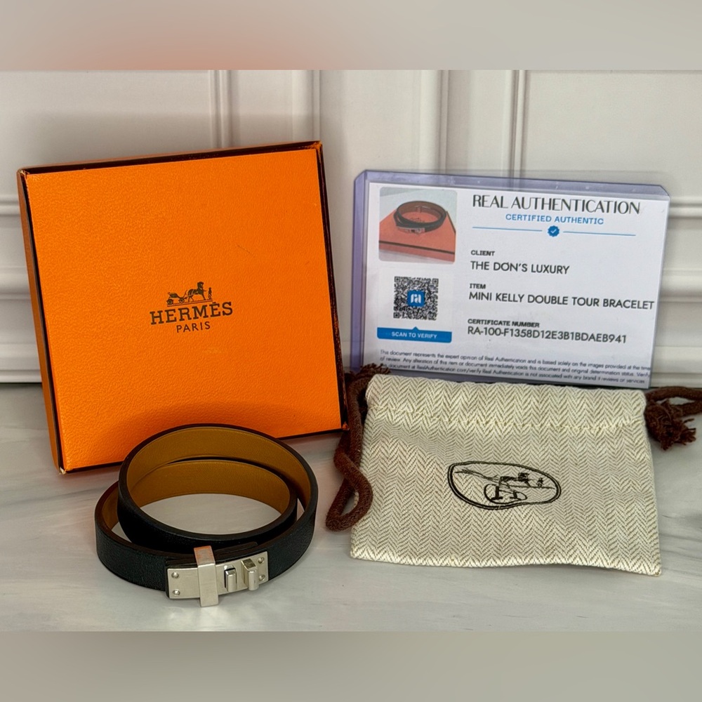 Hermes Black Mini Kelly Double Leather & Silver Hardware Bracelet | Full Set - Picture 11 of 12